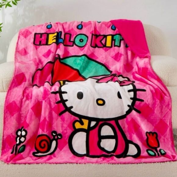Hello Kitty Sanrio Plush Throw Blanket Rainy Day Kitty OS 50”x 60” Pink Red NEW - Picture 1 of 6